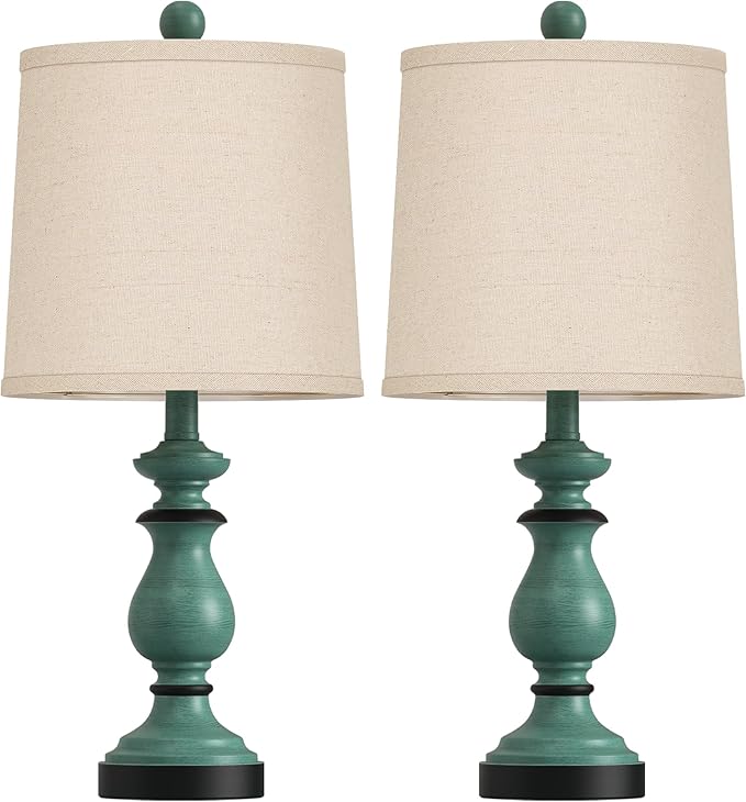 PARTPHONER Traditional Table Lamp Set of 2, Rustic Farmhouse Table Lamps for Living Room Bedroom, 22" Bedside Desk Lamps Vintage Nightstand Lamps with Linen Shades, Green - Bloomnest