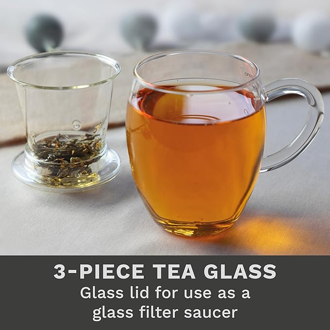 Creano Tea Glass with Infuser and Lid 400ml - Large Tea Cup - Microwave & Dishwasher Safe - Loose Leaf Tea Maker Gift Set - Bloomnest