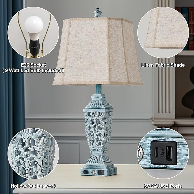 AIDENOEY Farmhouses Table Lamp with USB & USB-C Charging Ports, 3-Color Dimmable & Stepless Bottom Dimming, Touch Control & Switch, Vintage Bedside Lamp for Bedroom Living Room Office,(27.5" high)