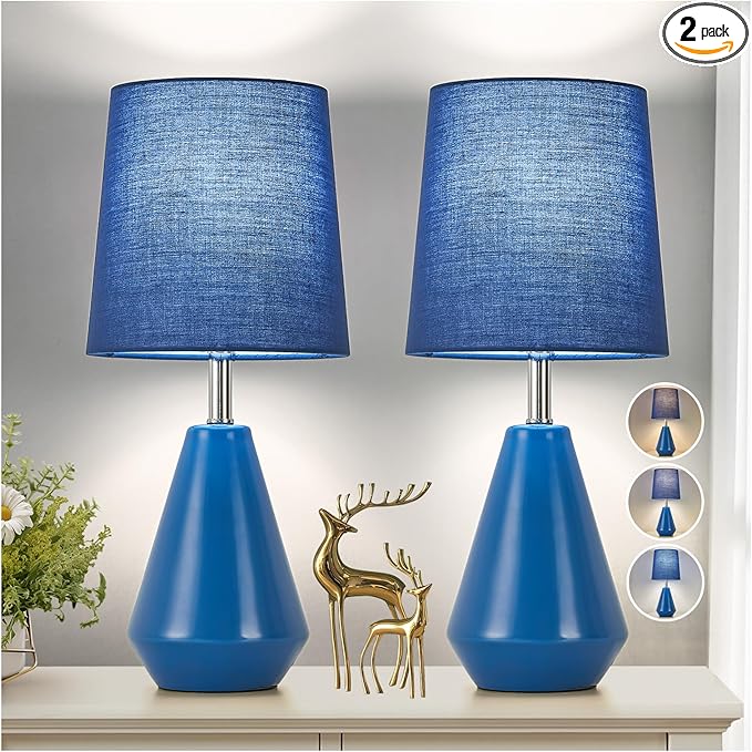 Small Bedside Table Lamp for Bedroom-Reading Desk Lamp Set of 2,with 3 Color Temperatures,15.5" Nightstand Ceramic Lamp with Fabric Shade for Kids Room,Living Room,Dorm,Home Office(Blue) - Bloomnest