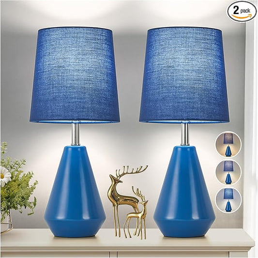 Small Bedside Table Lamp for Bedroom-Reading Desk Lamp Set of 2,with 3 Color Temperatures,15.5" Nightstand Ceramic Lamp with Fabric Shade for Kids Room,Living Room,Dorm,Home Office(Blue) - Bloomnest
