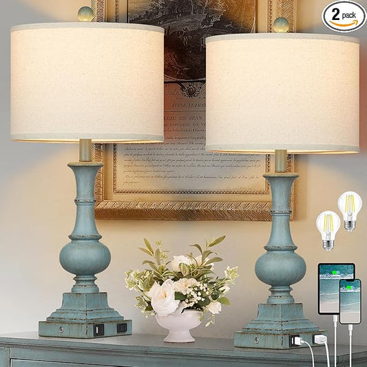Farmhouse Table Lamps Set of 2, 26" Vintage Rustic Touch Control 3-Way Dimmable Bedside Lamp with USB A+C Ports & AC Outlet, Blue Nightstand Lamp for Living Room Bedroom End Table(LED Bulbs Included) - Bloomnest