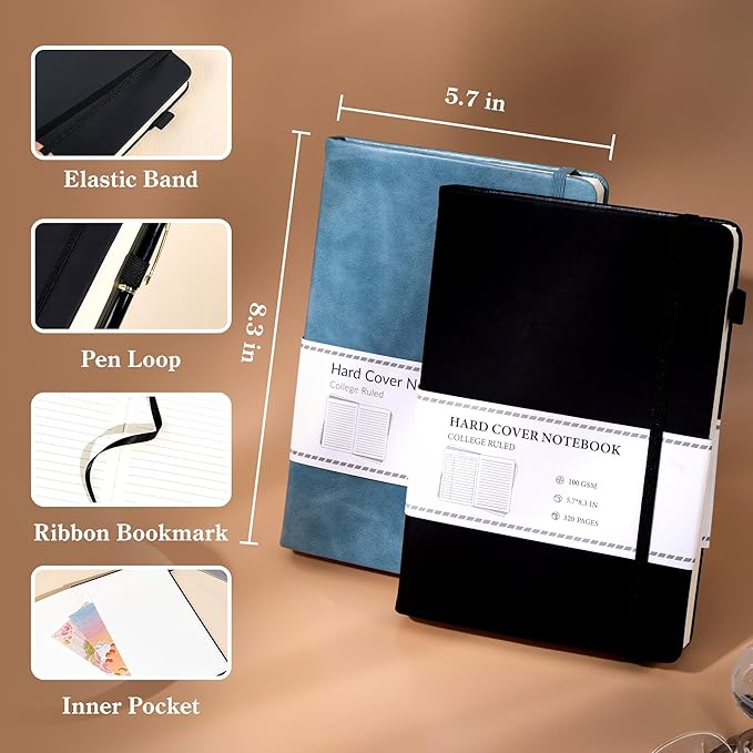 CAGIE 2 Pack Journals Notebooks for Women Men Leather Journals for Writing Hardcover A5 Journaling Notebooks Thick Journal Supplies Diary, Black& Blue - Bloomnest
