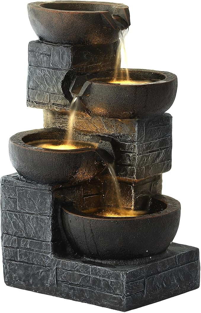Outdoor Water Fountains with Cascading Bowls, 4-Tiers Fountains and Waterfalls w/LED Lights,Indoor Morden Floor Standing Resin Water Feature for Garden Patio Backyard Home Decor (Grey & Brown) - Bloomnest