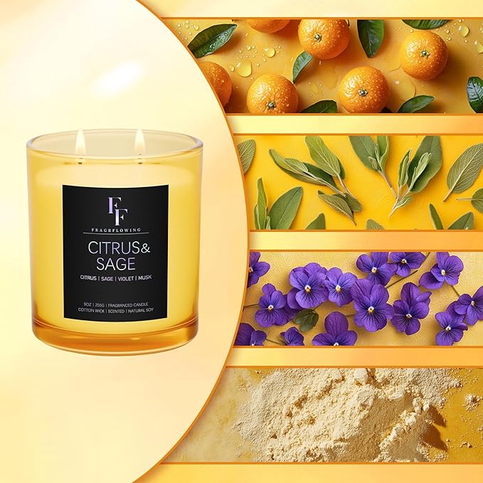 Citrus & Sage Scented Candle, 2-Wick Luxury Soy Wax Candle, 9 oz Aromatherapy Candle Home Fragrance Candles Gift - Bloomnest
