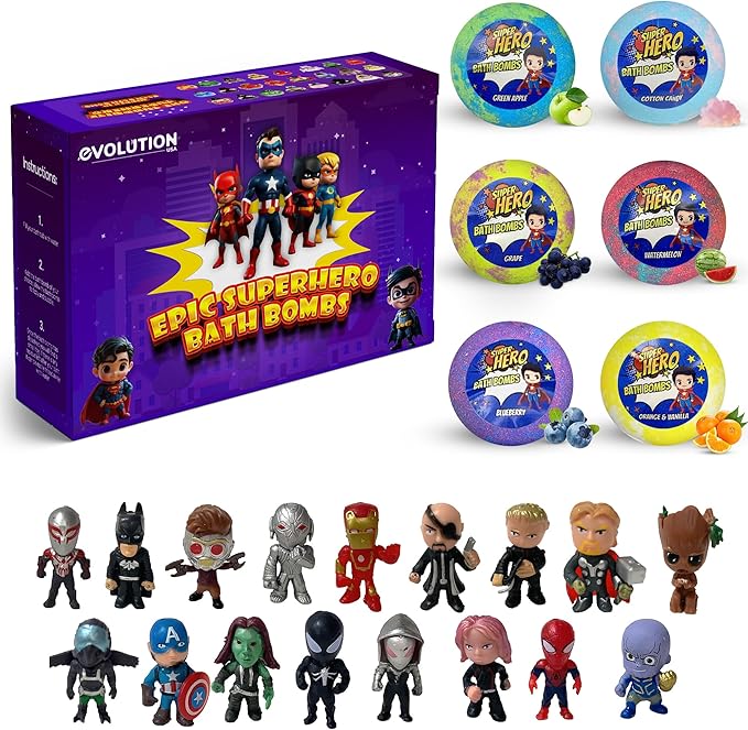 EvolutionUSA Purple Epic Superhero Bath Bombs for Kids, 6 Super Hero Bath Bombs with Toy Inside, Lush Childrens Bathbombs, Organic Bathbomb with Surprise Inside, Fizzy Fun Superhero Bath Balls