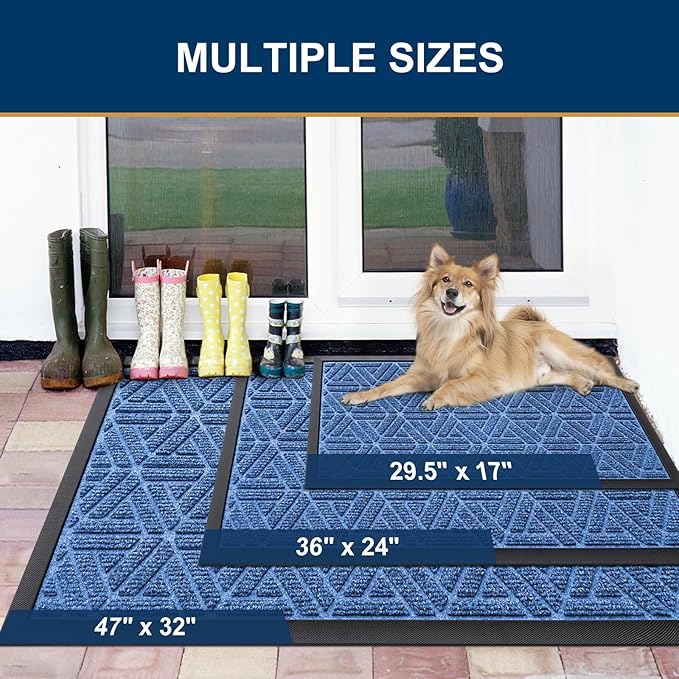 Smiry Front Door Mat Outside Entrance, Heavy Duty Sturdy Natural Rubber Doormat, Trap Dirt and Moisture, Easy Clean Low Profile Mats for Indoor Outdoor Entry, Grid Geometric (29.5x17, Blue) - Bloomnest