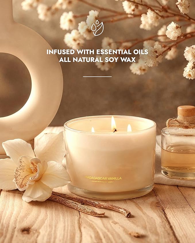 96NORTH Luxury Vanilla Soy Candles | Large 3 Wick Jar Candle | Up to 50 Hours Burning Time | 100% Natural Soy Wax | Relaxing Aromatherapy Aesthetic Candle | Housewarming Gift for Men and Women - Bloomnest