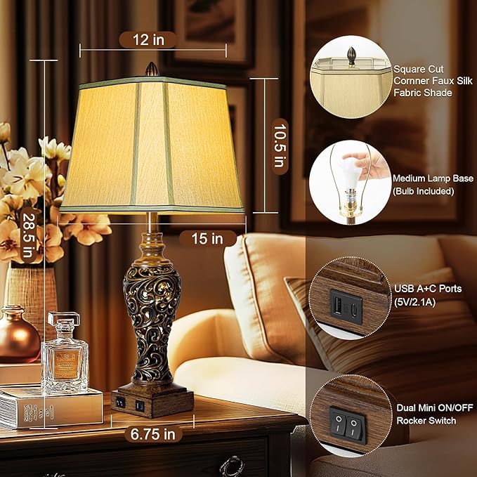 28.5'' Tall Farmhouse Vintage Table Lamp Set of 2 with Faux Silk Shade USB Ports Nightlight Decor for Bedside Living Room Bedroom Nightstands Office Home, Dark Bronze(Bulbs Included) - Bloomnest