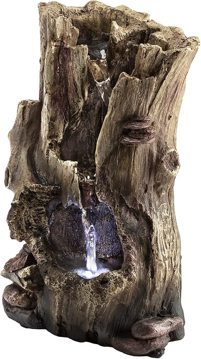 Alpine Corporation WIN326 Indoor Tabletop Light-Up Tiered Rainforest Tree Trunk Water Fountain with LED Lights, 11", Brown - Bloomnest