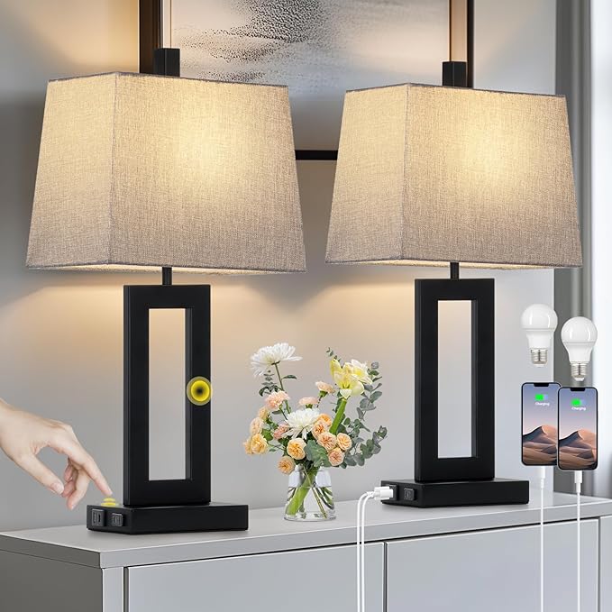 Touch Control Table Lamp Set of 2, Modern Black Bedside Lamps with USB C+A Ports & AC Outlet, 3 Way Dimmable Bedroom Lamps for Night Stands Bedroom Living Room,Nightstand Lamp - Bloomnest