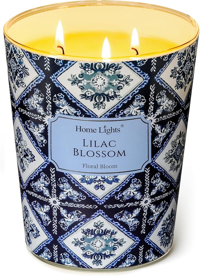 HomeLights Lilac Blossom Scented Candles | 34oz Soy Candles Bohemian Natural Textures 3-Wick Large Candle Jars | Ideal Candle Gifts for Events, Home Decor Stress, Relief & Relaxation - Bloomnest