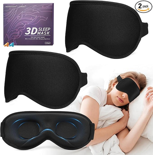 3D Sleep Mask for Men Women 2 Pack, Blackout Eye Mask for Sleeping Eye Mask for Side Sleeper, Memory Foam Adjustable&Washable, Airplane Travel Essentials Couples Yoga Meditation Office Black & Black - Bloomnest