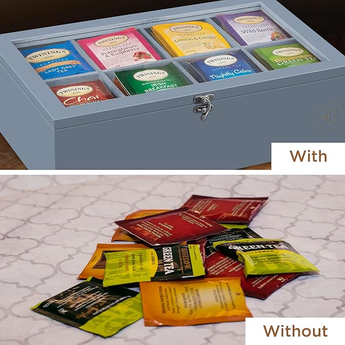 Tea Bag Organizer - Grey Bamboo Tea Box Organizer Storage Box, Tea Bag Holder with Acrylic Window, Magnetic Lid Keeps Tea Bags Fresh - Tea Organizer Caddy (Tea Not Included) Christmas Gift - Gray - Bloomnest