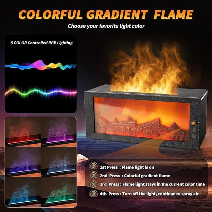 BOHOFAM Fireplace Essential Oil Aroma Diffuser,Flame Air Humidifiers 300ML,14-Hour Runtime,Colorful Flame Diffusers for Home,Included 4 * 10ML Hotel Collection Diffuser Oils for Bedroom(Black) - Bloomnest