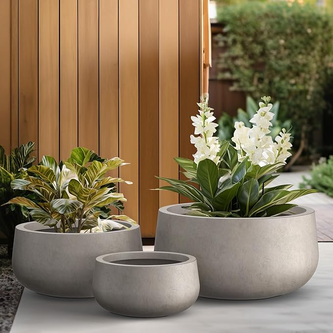 Kante 19.6",15.7",11.8" Dia Round Concrete Planters Set of 3, Outdoor Indoor Large Plant Pots with Drainage Hole, Modern Curvaceous Design, Weathered Concrete - Bloomnest