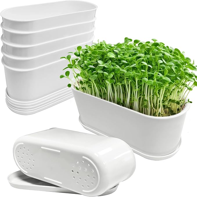 5 Set Window Herb Planter Box Rectangular,8.5x3.5 Inch White Plastic Planters with Multiple Drainage Holes and Trays,Indoor Succulent Cactus Mint Flower Pot for Windowsill,Garden Balcony - Bloomnest