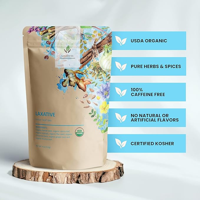 Gardenika Organic Laxative Loose Tea, Herbal, Caffeine-Free, KSA Kosher, Ayurvedic with Fennel, Ginger, Senna, Cinnamon - 4oz (1 Pack) - Bloomnest