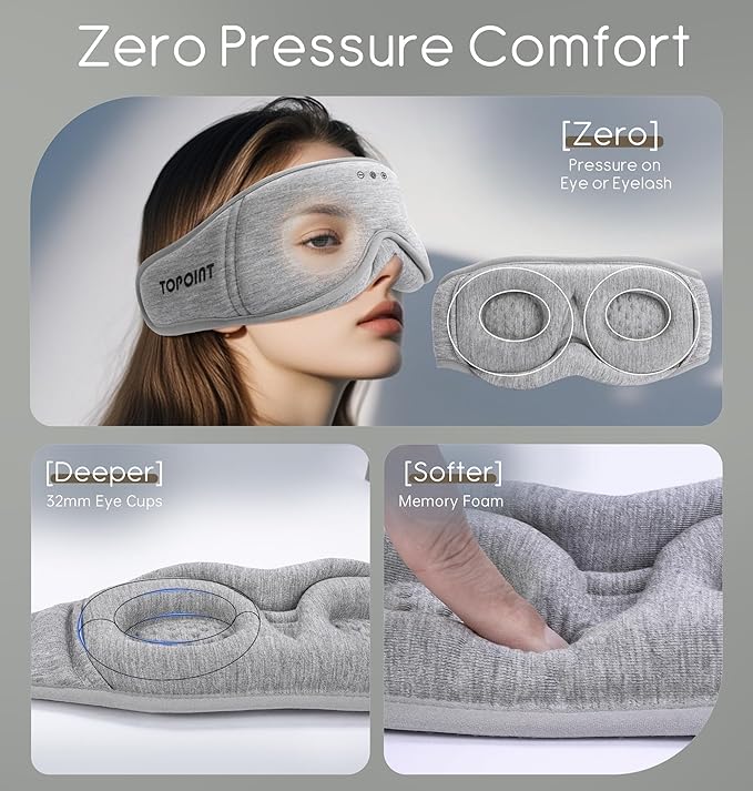 Sleep Mask with Headphones Bluetooth 5.4, TOPOINT 3D Eye Mask Blackout with Soft Bamboo Cotton for Side Sleepers Women Men, Sleep Headphones Earphones HD Speaker Microphone for Travel Meditation Gift - Bloomnest