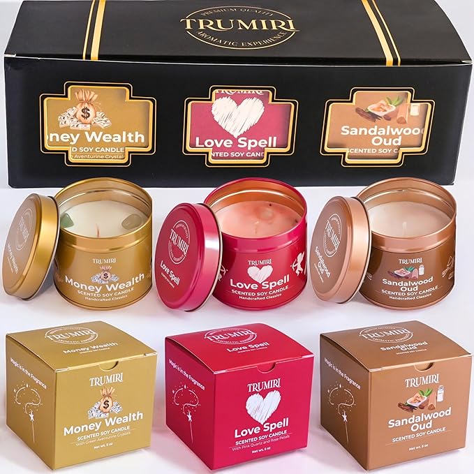Love Spell, Money Wealth, Sandalwood Oud - Soy Candles Non Toxic - Highly Scented Long Lasting with Essential Oils - Variety Pack of 3 x 5oz - for Home Aromatherapy Meditation Gift Travel TRUMIRI