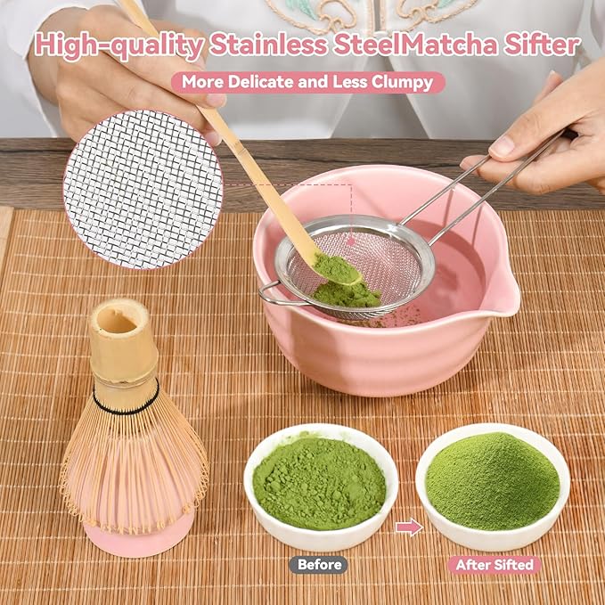 Pink Matcha Whisk Set - Ceramic Matcha Making Kit with Bamboo Whisk, Scoop, Bowl, Ceramic Holder & Sifter –5 PCS Handcrafted Elegant Japanese Tea Ceremony Tools Gift for Matcha Lovers - Bloomnest
