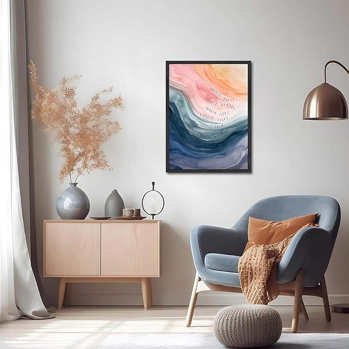 Mental Health Wall Art, Therapy Office Pictures Wall Decor, Inhale Exhale Art Paintings, Canvas Prints, Therapist Artwork for Meditation Room Calming Corner Decoration, Floating Framed 16x24 Inch - Bloomnest
