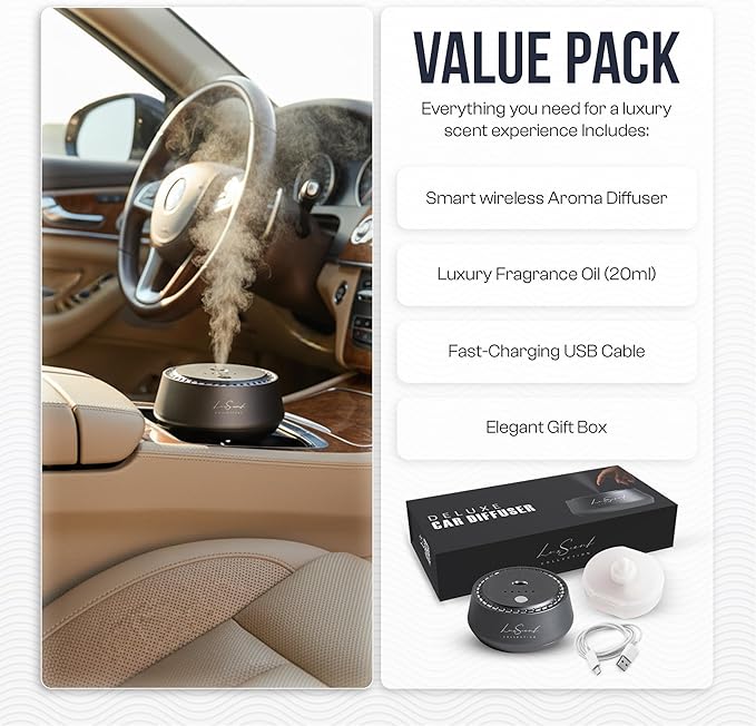 Smart Car Diffuser with 20ML Scent Oil Included - Car Air Freshener - Aromatherapy Diffuser - Portable, Compact, Cordless and Quiet Device - Deluxe Car Diffuser Luxscent Collection - Bloomnest