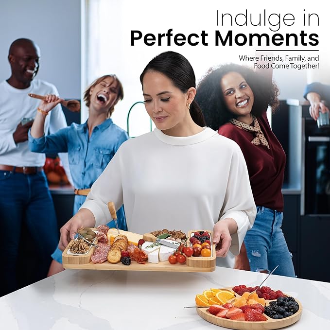 Charcuterie Board Gift Set - Bamboo Cheese Board & Serving Tray for Meat, Cheese, Crackers, and Fruit - Large Wooden Charcuterie Boards for Parties - Wedding, Housewarming, for Women - Bloomnest