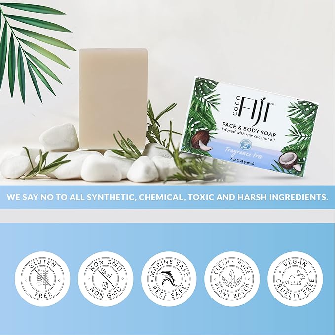 Coco Fiji Soap Bar for Face and Body Infused With Organic Coconut Oil, Fragrance Free, Essential Oil, Natural Soap for Moisturizing & Pore Purifying Skin, 7 oz,Pack of 2