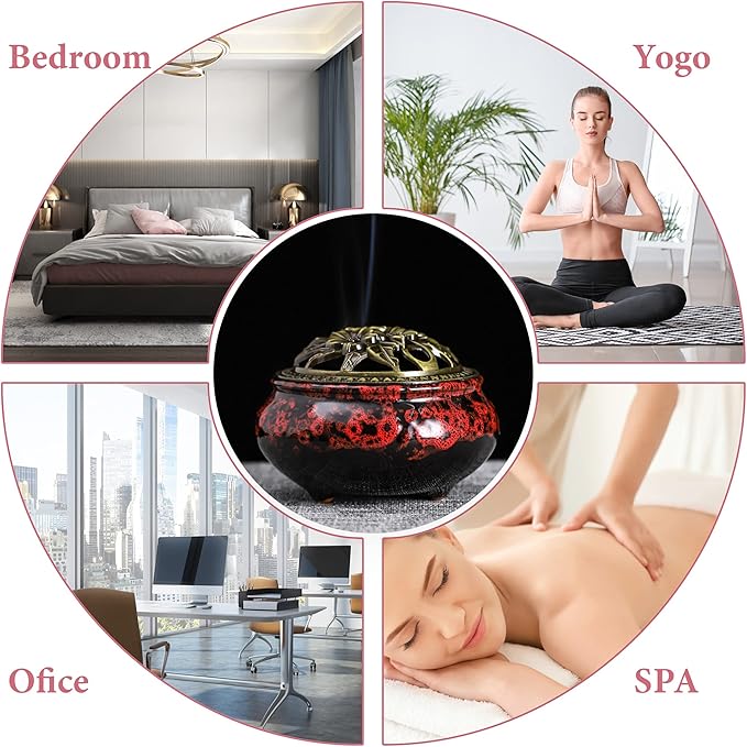 Ceramic Incense Burner with Lid, Bowl Burner， Cone Incense Burner, Ceramic Censer Suitable for Incense/Cone/Coil/Sticks, There are 30 Incense Cones+ Metal Incense Holder+Fireproof Cotton Inside. - Bloomnest