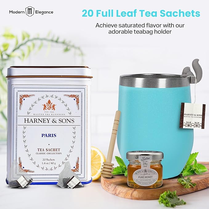 Tea Gift Set for Women – Thoughtful Get Well Gift Box with Cozy Socks, Stainless Tumbler, 20 Teaa Sachets, Honey Jar & Sending Hugs Card (Paris Tea - Cloud Socks) - Bloomnest