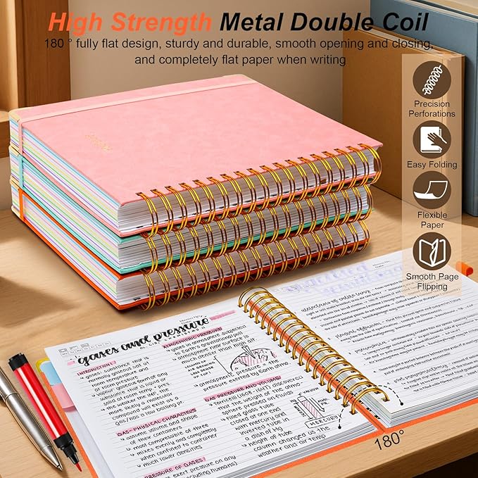 Hardcover Spiral Notebook 8.5"x11" Journal Notebook with Tabs and Removable Dividers 300 Pages 5 Subject Notebook College Ruled, Faux Leather Spiral Bound Notebook for Women School Work (Orange) - Bloomnest