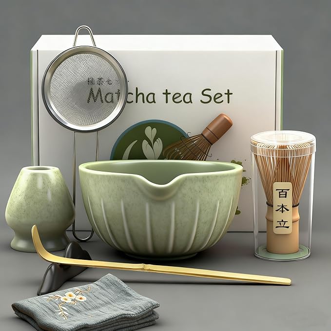 Matcha Bowl and Tea Whisk Set, 7-Piece Collection: 19-ounce ceramic bowl, whisk stand, bamboo scoop with scoop holder, tea strainer, and tea towel. Complete matcha ceremony set. - Bloomnest