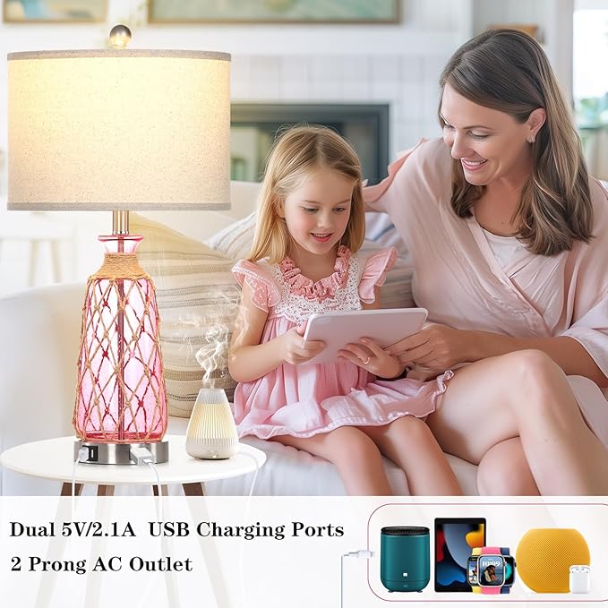 25.5" Coastal Glass Table Lamps Set of 2, 3-Way Dimmable Touch Control Bedside Lamps with 2 USB Ports and AC Outlet, Pink Nautical Nightstand Lamps for Bedroom Living Room (LED Bulbs Included) - Bloomnest