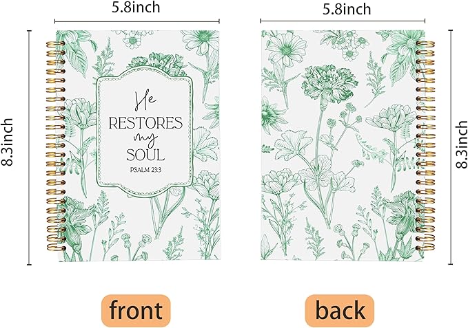 Christian Notebook for Women, Christian Art Gifts Journal, Prayer Journal for Women, Bible Journaling Notebook, PSALM 23:3 He Restores My Soul Floral Spiral Notebook 5.5x8.3 - Bloomnest