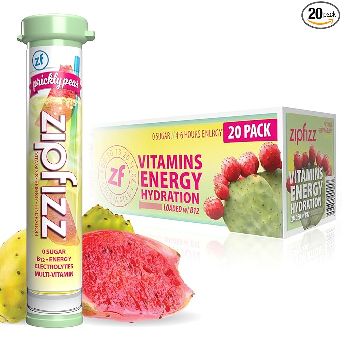 Zipfizz Daily Energy Drink Powder, Prickly Pear, 20 Pack | 3-in-1 Sustained Energy, Rapid Hydration, and Essential Vitamins | Sugar-Free | Electrolyte Powder | Contains Vitamin B-12 & Antioxidants - Bloomnest