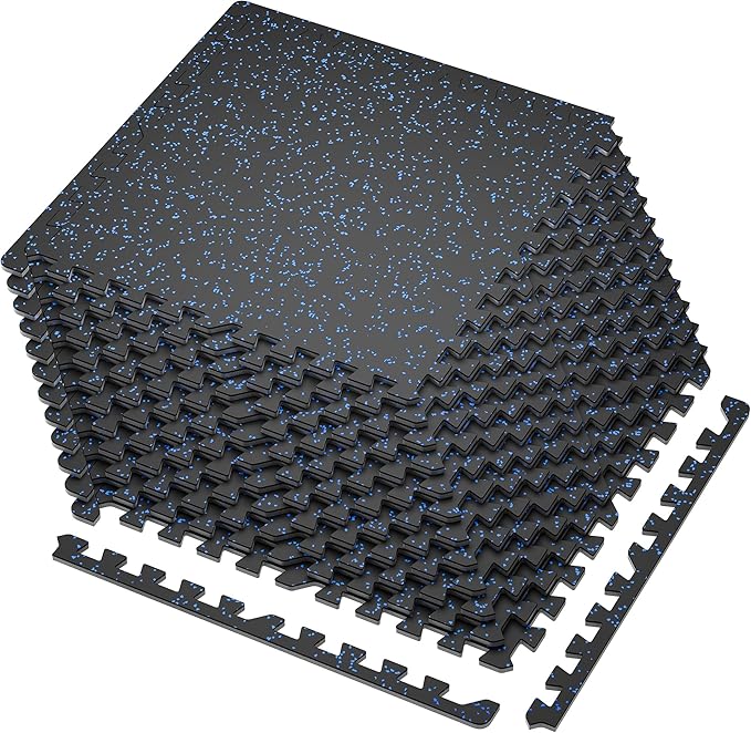 SUPERJARE 0.4'' Thick 12 Pcs 48 Sq Ft Rubber Top Exercise Equipment Mats, High Density EVA Foam Mats with Rubber Top, Interlocking Gym Flooring for Home Gym, Protective Workout Mat, Black/Blue - Bloomnest
