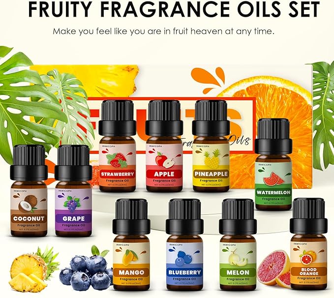 Fruity Fragrance Oil for Candle & Soap Making, INWICOPH Premium Essential Oils 5ml x 10 - Blueberry, Strawberry, Mango, Blood Orange, Essential Oil Diffusers for Home - Bloomnest