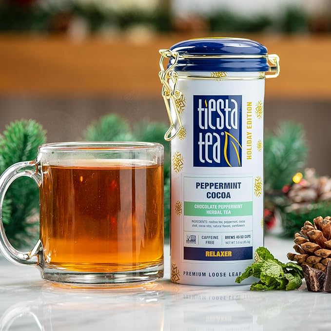 Tiesta Tea - Cozy Peppermint Cocoa, Loose Leaf, Chocolate Peppermint Herbal Tea, Premium Blend, Non Caffeinated, Make Hot or Iced Tea & Up to 50 Cups - 3 Ounce Refillable Tin - Bloomnest