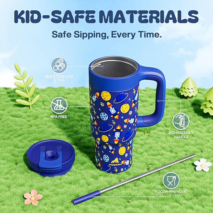 24 oz Stainless Steel Tumbler for Children: Durable Handle, Easy to Clean, Straw Gulp Lid, Car Cup Holder Friendly, Insulated Cup for Sport, Hiking, Carry, Adventures, Bag, Classroom (Space Rocket) - Bloomnest