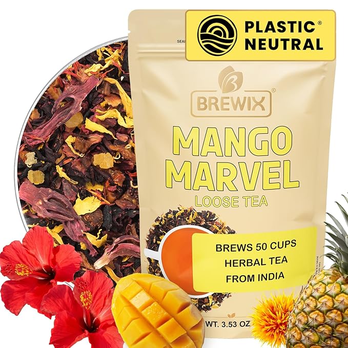 BREWIX, Mango Marvel Herbal Loose Tea (50+ Cups) | Made with Hibiscus, Mango, Pineapple, Orange Peel, Strawberry | Non-Caffeinated | Make Hot or Iced | Resealable Pouch - Bloomnest