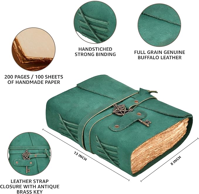 LEATHER VILLAGE Leather Bound Vintage Journal for Women & Men - 13"X8"(A4), Turquoise, 200 Pages of Handmade Deckle Edges Watercolor Paper - Antique Lock Closure - Book of Shadow - Bloomnest