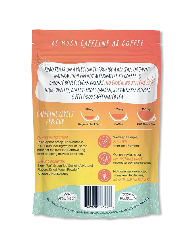 Kubo Tea Peach Mango Black Iced Tea - Organic Pillow Tea Bags - High Caffeine Coffee Alternative w/ 20 Servings (155mg Caffeine each) - Premium Flavored Blend w/Compostable & Biodegradable Packaging - Bloomnest