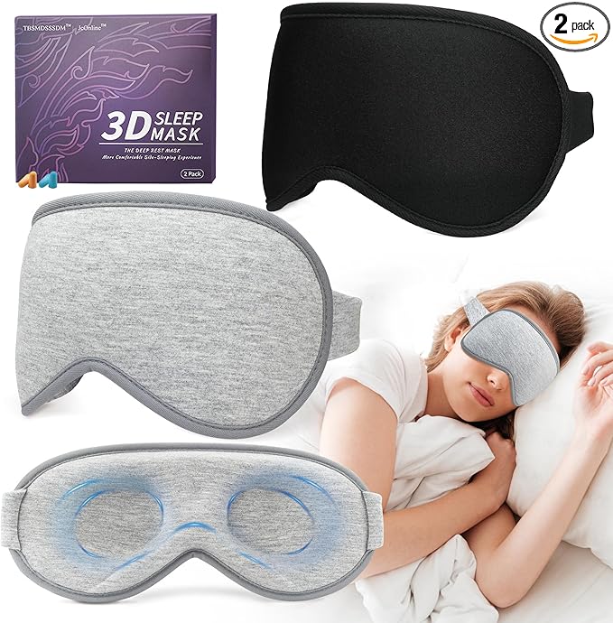3D Sleep Mask for Men Women 2 Pack, Blackout Eye Mask for Sleeping Eye Mask for Side Sleeper, Memory Foam Adjustable&Washable, Airplane Travel Essentials Couples Yoga Meditation Office Black & Gray - Bloomnest