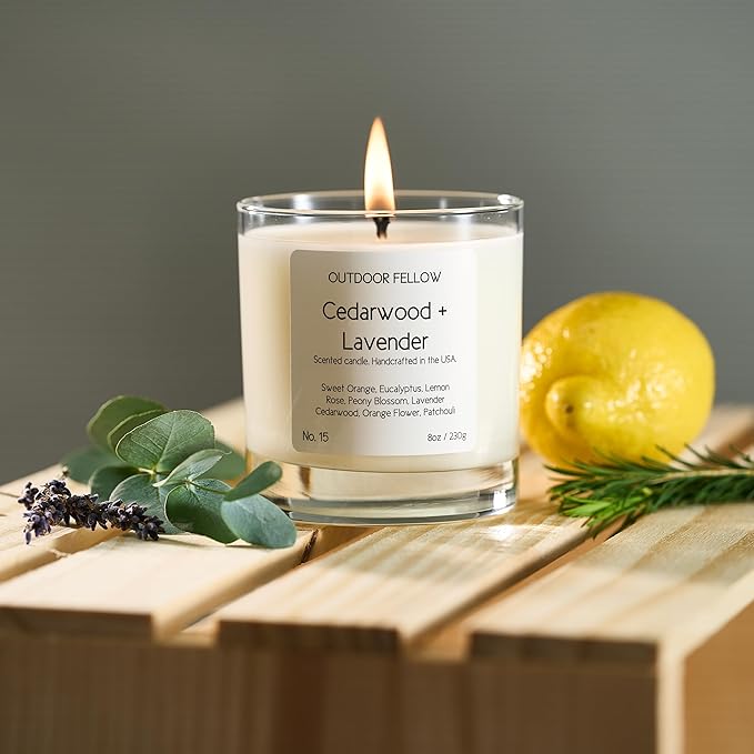 Outdoor Fellow Cedarwood and Lavender Scented Candle, 8oz, Coconut & Apricot Wax Blend, Sweet Orange, Lavender, Cedarwood, Reusable Glass, 40-50 Hour Burn Time - Bloomnest
