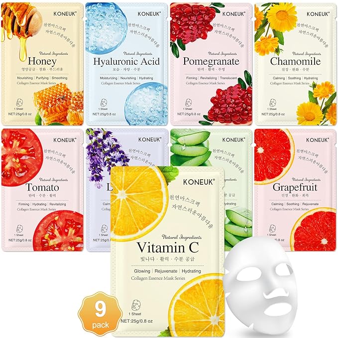 9 Pack Collagen Face Masks Skincare for Women, Hydrating Sheet Face Masks Suitable for All Skin Types, Bulk Facial Masks for Women Skin Care, Face Mask Gifts Set for Spa Party - Bloomnest