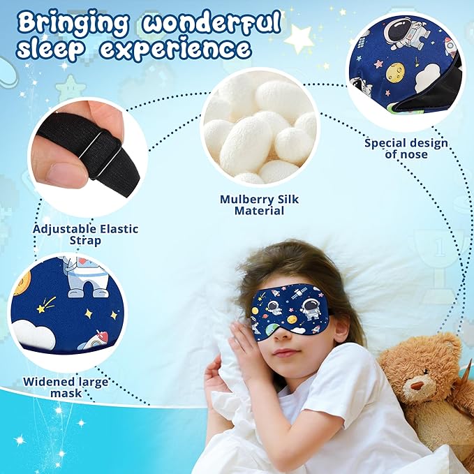 Kids Sleep Mask Eye Cover: 100% Real Natural Pure Silk Eye Mask with Adjustable Strap, Funny Blindfold Kids Eye Mask for Sleeping, Soft & Lightweight Eye Shade for Boys Girls Teens (Space Style) - Bloomnest