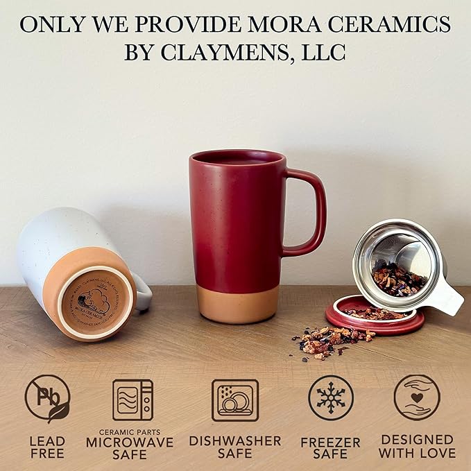 Mora Ceramics Large Tea Mug with Loose Leaf Infuser and Ceramic Lid, 18 oz, Portable, Microwave and Dishwasher Safe, Tall Coffee Cup - Rustic Matte Ceramic Glaze, Modern Herbal Tea Strainer, Merlot - Bloomnest