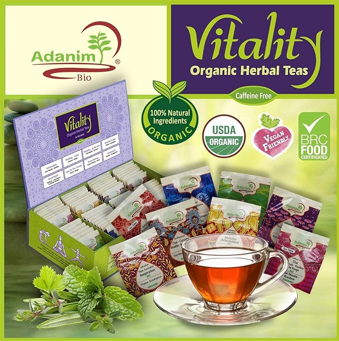 Adanim Bio Vitality Organic Tea Sampler Gift Set Box (8 Flavors Herbal Tea Variety Pack, 64 Individual Tea Bags) Caffeine Free Tea Sets, Assorted Tea Set, Tea Gifts for Tea Lovers - Bloomnest