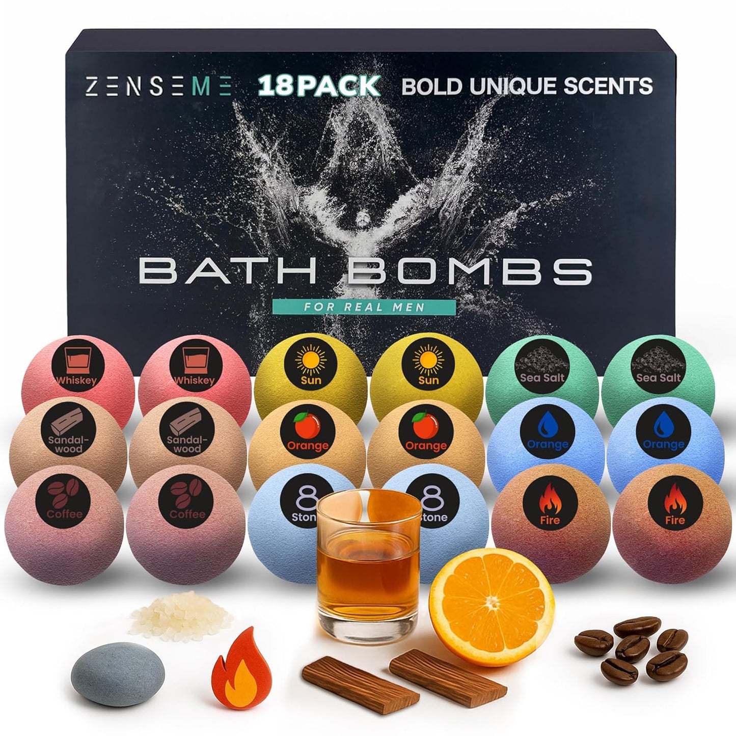 Bath Bombs for Men - Gift Set of 18 Strong Scented Handmade Natural Bath Bombs of 2.5 oz w/Essential Oils, Unique Manly Strong Scents, for Boyfriend, Husband, Father - 18 Pack